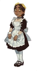  apron apron_grab black_footwear black_hair braid female flat_chest freckles full_body head_wreath highres legs_together lolicon long_hair looking_at_viewer maid mindle_(mossacannibalis) mossacannibalis original pantyhose puffy_short_sleeves puffy_sleeves ringed_eyes shoes short_sleeves simple_background smile solo standing white_apron white_background white_pantyhose yellow_eyes 