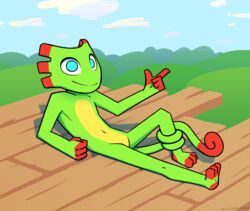  anthro cel_shading chameleon cloud featureless_crotch forest gesture hand_gesture lizard looking_at_viewer lying male nude on_back outside plant playtonic_games pointing raised_arm reptile scalie shaded shadow smile smirk solo toony tree waitingwind yooka yooka-laylee 