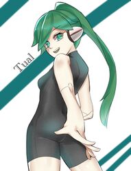  android ass bodysuit breasts charu_(saru_getchu) female green_eyes green_hair highres joints long_hair looking_at_viewer manta527 open_mouth ponytail robot_ears robot_joints saru_getchu smile solo standing 