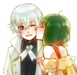  1boy ahoge closed_eyes crossover female green_hair isana_yashiro k-project kimidori_(kimidoriri) kissing kissing_cheek macross macross_frontier one_eye_closed ranka_lee red_eyes short_hair straight white_hair 