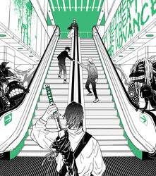  4boys english_text escalator facing_another facing_away full_body fushiguro_megumi gakuran greyscale high_collar holding holding_sword holding_weapon itadori_yuuji jacket japanese_clothes jujutsu_kaisen katana line_line long_sleeves monochrome monster multiple_boys okkotsu_yuuta pants reaching scabbard school_uniform sheath shoes short_hair spiked_hair standing sword unsheathing upper_body weapon weapon_bag zen&#039;in_naoya 