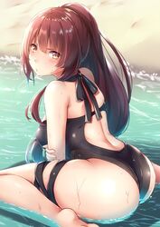  alternate_costume ass backless_swimsuit bare_shoulders barefoot beach bit_(keikou_syrup) black_one-piece_swimsuit blush breasts casual_one-piece_swimsuit commentary day female from_behind girls&#039;_frontline highres holding_own_arm large_breasts leaning_forward long_hair looking_at_viewer looking_back ocean official_alternate_costume one-piece_swimsuit outdoors parted_lips ponytail purple_hair red_eyes sand shiny_clothes sitting skindentation solo swimsuit thigh_strap very_long_hair wa2000_(girls&#039;_frontline) wa2000_(op._manta_ray)_(girls&#039;_frontline) wariza water wet 