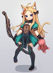  abigail_williams_(fate) ahoge animal_ear_fluff animal_ears atalanta_(fate) atalanta_(fate)_(cosplay) black_gloves black_skirt black_thighhighs blonde_hair blue_eyes blush bow_(weapon) breasts cat_ears cat_tail cosplay dress fate/apocrypha fate/grand_order fate_(series) female forehead full_body gloves green_dress highres layered_skirt long_hair looking_at_viewer miya_(miyaruta) parted_bangs puffy_short_sleeves puffy_sleeves short_sleeves skirt small_breasts smile solo stuffed_animal stuffed_toy tail teddy_bear thighhighs weapon 