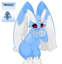  anthro anthrofied ass black_sclera blue_body blue_fur blush claws elpatrixf eyelashes fakemon female fur fusion generation_3_pokemon generation_4_pokemon horn hybrid lagomorph long_ears lopunny mammal metagross mouthless navel nintendo pokemon pokemon_(species) pokemon_fusion pokemorph red_eyes shy simple_background solo spikes white_background white_body white_fur wide_hips 