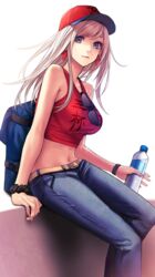  applekun baseball_cap belt belt_buckle black_scrunchie blue_eyes blue_pants bottle breasts buckle casual chaldea_logo closed_mouth collarbone crop_top denim earrings fate/grand_order fate_(series) female floating_hair grey_hair hair_down hat highres holding holding_bottle jewelry long_hair looking_at_viewer medium_breasts midriff miyamoto_musashi_(fate) miyamoto_musashi_(traveling_outfit)_(fate) navel pants print_headwear red_hat scrunchie simple_background sitting sleeveless solo stomach sunglasses water_bottle white_background wrist_scrunchie 