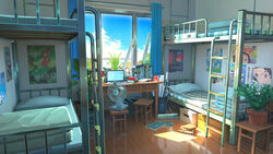  absurdres annotated apartment bed blue_sky box bunk_bed chair chinese_commentary cloud commentary_request computer cup curtains day desk electric_fan gake_no_ue_no_ponyo highres indoors interior karigurashi_no_arrietty kaze_tachinu kimi_no_na_wa. ladder laptop majo_no_takkyuubin matryoshka_doll neko_no_ongaeshi no_humans original paper paper_roll pencil pillow plant poster_(object) potted_plant reflective_floor room scenery sky sunlight toki_wo_kakeru_shoujo tonari_no_totoro window wooden_desk wooden_floor wooden_stool xingzhi_lv 