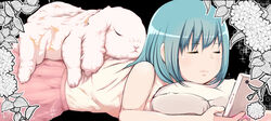  absurdres amasuzume animal animal_on_back black_background blue_hair cellphone closed_eyes female flower highres lying on_stomach original phone pillow pink_skirt rabbit short_hair skirt sleeping sleeveless smartphone solo 