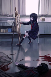  absurdres black_hair black_serafuku black_skirt black_socks blood blood_on_clothes blood_on_face blood_on_hands blood_splatter canvas_(object) commentary corpse death dilated_pupils drawing female highres holding holding_pencil implied_murder indoors kneehighs neckerchief original pencil pink_eyes red_neckerchief reflective_floor sailor_collar sakiika0513 school_uniform serafuku shoes short_hair sink sitting skirt socks solo stool white_footwear window 