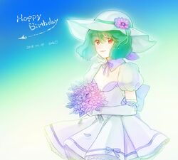  bouquet dated detached_collar dress elbow_gloves female flower gloves green_hair happy_birthday hat kimidori_(kimidoriri) looking_at_viewer macross macross_frontier macross_frontier:_sayonara_no_tsubasa ranka_lee red_eyes short_hair solo sun_hat 