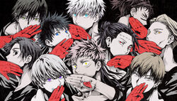  6+boys blonde_hair blue_eyes choso_(jujutsu_kaisen) covering_own_mouth ear_piercing facial_mark facial_tattoo fushiguro_megumi fushiguro_touji getou_suguru getou_suguru_(kenjaku) gojou_satoru green_eyes hair_between_eyes hair_bun hair_pulled_back hand_over_own_mouth hand_up inumaki_toge itadori_yuuji jujutsu_kaisen line_line long_hair multiple_boys nanami_kento okkotsu_yuuta orange_eyes piercing purple_eyes red_eyes ryoumen_sukuna_(jujutsu_kaisen) short_hair simple_background single_hair_bun spot_color stitches tattoo tongue tongue_out yellow_eyes zen&#039;in_naoya 