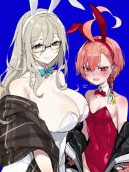  2girls absurdres akane_(blue_archive) akane_(bunny)_(blue_archive) animal_ears bare_shoulders blue_archive bow bowtie braid breasts brown_eyes cleavage commentary_request detached_collar fake_animal_ears glasses hair_between_eyes highres large_breasts leotard long_hair mole mole_under_eye multiple_girls nang_z1 neru_(blue_archive) neru_(bunny)_(blue_archive) official_alternate_costume open_mouth pantyhose pink_hair playboy_bunny rabbit_ears red_eyes red_leotard small_breasts strapless strapless_leotard traditional_bowtie 