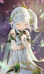  blush bracer braid cape closed_eyes crying detached_sleeves dress female genshin_impact gradient_hair green_cape green_hair hair_ornament highres leaf_hair_ornament mont_blanca multicolored_hair nahida_(genshin_impact) open_mouth pointy_ears side_ponytail sleeveless sleeveless_dress solo tears white_dress white_hair 