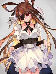  alternate_costume arm_warmers breasts brown_hair cleavage closed_mouth commentary criss-cross_halter dress eyepatch female floating_hair frilled_dress frills grey_background hair_ornament hair_rings halterneck haru_torimaru highres long_hair looking_at_viewer maid one_eye_covered red_eyes sash skirt_hold smile solo tenka_hyakken tsuruga_masamune_(tenka_hyakken) 