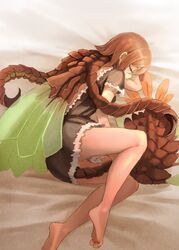  159cm anomalocaris bare_legs barefoot bed_sheet black_dress brown_hair closed_eyes commentary_request curled_up dress female from_above from_side hair_between_eyes insect_wings lying medium_hair monster_girl on_bed on_side original personification profile short_sleeves sleeping solo tail viria_(159cm) wings 