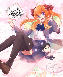  :d absurdres bad_id bad_pixiv_id black_eyes black_hair black_thighhighs blue_bow bow brown_footwear chibi coin_purse female flower gekkan_shoujo_nozaki-kun hairbow hand_up happy_birthday highres jacket long_hair necktie noix123 nozaki_umetarou open_mouth orange_hair pink_background pleated_skirt polka_dot polka_dot_bow purple_eyes red_necktie rouman_academy_school_uniform sakura_chiyo school_uniform shirt sitting skirt smile solo thighhighs white_shirt 