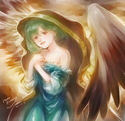  bare_shoulders blue_dress dated dress female green_hair happy_birthday head_tilt kimidori_(kimidoriri) lips macross macross_frontier off-shoulder_dress off_shoulder ranka_lee red_eyes short_hair smile solo wings 