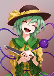  black_hat blood blood_on_knife brown_background closed_eyes collared_shirt commentary eyeball eyes_visible_through_hair female frilled_shirt_collar frilled_sleeves frills green_hair green_skirt hair_between_eyes hat hat_ribbon highres holding holding_knife knife komeiji_koishi long_sleeves medium_hair open_mouth ribbon shirt skirt solo sy4 teeth third_eye tongue touhou upper_body upper_teeth_only wide_sleeves yellow_ribbon yellow_shirt 