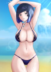  armpits arms_up beach beads bikini blue_bikini blue_hair blue_sky blurry blurry_background breasts choker cloud day diagonal_bangs dice female genshin_impact green_eyes highres large_breasts lens_flare looking_at_viewer navel outdoors parted_lips short_hair sky sleeptopi solo stomach sunlight swimsuit tassel_choker thigh_gap wet white_choker yelan_(genshin_impact) 