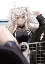  absurdres animal_ear_fluff animal_ears armpit_peek black_jacket blush breasts cleavage female fur_trim grey_eyes grey_hair hair_between_eyes highres hololive in_shopping_cart jacket large_breasts lion_ears lion_girl long_hair looking_at_viewer mofu07519 off_shoulder see-through see-through_cleavage shishiro_botan shishiro_botan_(1st_costume) shopping_cart sitting smile tail trials_(series) trials_rising two_side_up virtual_youtuber 