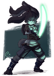  2021 action_pose anthro asura-00 cheek_tuft clothed clothing eyebrows eyelashes facial_tuft female floppy_ears fur green_lightsaber hair hi_res lagomorph lepi leporid lightsaber long_hair looking_at_viewer lop_(star_wars_visions) mammal melee_weapon ponytail pose rabbit scut_tail short_tail solo star_wars star_wars_visions tail tuft weapon 