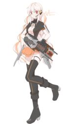  absurdres apex_legends black_footwear black_gloves black_leotard black_thighhighs boots braid center_opening charge_rifle chinese_commentary energy_gun female gloves gun head-mounted_display headset highres holding holding_gun holding_weapon leotard long_hair multicolored_hair open_mouth orange_hair orange_skirt personification qiu_ri red_eyes skirt smile solo streaked_hair thighhighs transparent_background trigger_discipline twin_braids very_long_hair weapon white_hair 