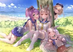  4girls :d ;o absurdres all_fours anchor_symbol animal_ears ayanami_(azur_lane) azur_lane bad_id bad_pixiv_id bare_shoulders beach bear_ears beret black_gloves black_ribbon blonde_hair blue_eyes blue_sailor_collar blue_skirt blue_sky blush breasts camisole catumi_(ta938_ka23) cleavage closed_mouth cloud collarbone commentary_request crop_top cross cross_hair_ornament crown day elbow_gloves fake_animal_ears full_body fur-trimmed_jacket fur_trim gloves green_eyes hair_between_eyes hair_ornament hair_ribbon hairband hat headgear high_ponytail highres hood iron_cross jacket javelin_(azur_lane) laffey_(azur_lane) lap_pillow light_brown_hair long_hair long_sleeves looking_at_viewer lying medium_breasts medium_hair midriff mini_crown multiple_girls navel neckerchief no_shoes ocean off_shoulder on_back one_eye_closed open_clothes open_jacket open_mouth outdoors panties pantyshot pink_jacket plaid plaid_skirt pleated_skirt ponytail purple_hair purple_ribbon purple_skirt rabbit_ears red_eyes red_hairband red_skirt ribbon sailor_collar shadow shirt short_hair sidelocks single_glove sitting skindentation skirt sky sleeveless small_breasts smile socks standing thighhighs tilted_headwear tree tree_shade twintails underwear very_long_hair white_camisole white_hair white_panties white_ribbon white_shirt white_thighhighs wide_ponytail yellow_neckerchief z23_(azur_lane) zettai_ryouiki 