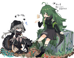  2girls ahoge arknights black_footwear black_shorts black_thighhighs blush commentary crocodilian crocodilian_tail detached_sleeves flower gavial_(arknights) goggles goggles_around_neck green_hair green_legwear green_vest grey_hair hood hood_up long_hair multiple_girls on_ground open_mouth outdoors own_hands_together ryu_(17569823) shorts sitting socks sparkle sweat tail thighhighs tomimi_(arknights) torn_clothes torn_legwear very_long_hair vest white_flower yellow_eyes yokozuwari 