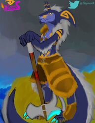  absurd_res anthro armor blue_body blue_byte_(game_developer) blue_scales digitigrade draconic_burners dragon feet for_honor_(game) fur furred_dragon furred_scalie grey_body grey_fur hi_res horn male markings mythological_creature mythological_scalie mythology orange_eyes outside reptile scales scalie seyia solo tail talons toes weapon 