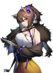  absurdres animal_ear_fluff animal_ears arknights bare_shoulders breasts brown_choker brown_gloves brown_hair brown_jacket choker female fur-trimmed_jacket fur_trim gloves hair_between_eyes highres holding holding_knife iku!_iku!! jacket knife large_breasts long_hair long_sleeves multicolored_hair no_freckles off_shoulder official_alternate_costume ponytail puffy_long_sleeves puffy_sleeves robin_(arknights) robin_(gift_of_wild)_(arknights) shirt sideways_glance simple_background skirt solo streaked_hair white_background white_hair white_shirt yellow_eyes yellow_skirt 