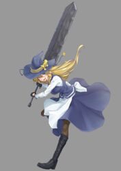  :d black_footwear black_gloves black_skirt black_vest blouse blue_eyes blue_hat boots bow breasts brown_pantyhose commentary cookie_(touhou) feet_out_of_frame female gloves greatsword grey_background hair_between_eyes hat hat_bow highres holding holding_sword holding_weapon kirisame_marisa long_hair long_skirt long_sleeves looking_at_viewer medium_breasts open_mouth pantyhose ruka_(cookie) shirt simple_background skirt smile solo star_(symbol) sword sy4 touhou vest weapon white_shirt witch_hat yellow_bow 