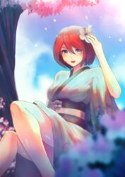  :d boiling_bolt cherry_blossoms commentary ctiahao english_commentary female flower green_eyes hair_between_eyes hair_flower hair_ornament highres japanese_clothes june_(boiling_bolt) kimono obi open_mouth red_hair sash short_hair sitting smile solo spring_(season) thighs 