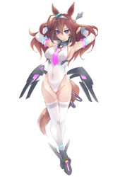  animal_ears breasts brown_hair female full_body grey_hairband hairband highleg highleg_leotard horse_ears horse_girl horse_tail keyfanjun leotard long_hair looking_at_viewer mecha_musume medium_breasts mihono_bourbon_(umamusume) simple_background solo tail thighhighs umamusume white_background white_leotard white_thighhighs 