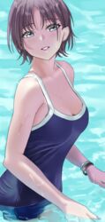  asakura_toru blue_one-piece_swimsuit blush bracelet breasts female fingernails highres idolmaster idolmaster_shiny_colors jewelry kuuhaku_(pskf2372) light_purple_hair looking_at_viewer looking_to_the_side medium_breasts nail_polish one-piece_swimsuit school_swimsuit solo swimsuit wading water_drop 