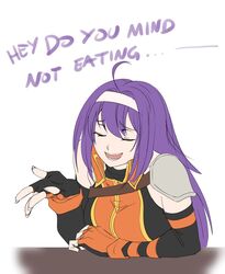  :d ahoge breasts closed_eyes elbow_gloves english_text female fingerless_gloves fire_emblem fire_emblem:_path_of_radiance fire_emblem:_radiant_dawn fire_emblem_heroes flat_color gloves hairband headband long_hair medium_breasts mia_(fire_emblem) open_mouth purple_hair simple_background sinccubi smile white_background white_hairband 