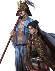  2boys absurdres armor ashina_genichirou ashina_isshin bad_id bad_twitter_id beard black_hair breastplate closed_mouth facial_hair grandfather_and_grandson hakama hakama_pants height_difference helmet heterochromia highres holding holding_polearm holding_weapon jacket japanese_armor japanese_clothes kabuto_(helmet) korean_commentary long_beard looking_at_viewer male_focus multiple_boys navel one_eye_closed pants plume polearm ponytail samurai scar scar_across_eye sekiro:_shadows_die_twice short_ponytail simple_background ssanghwa_tang1 sword_saint_isshin weapon white_background 