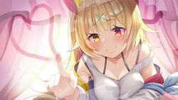  blonde_hair blush bra_strap closed_mouth eyelashes female hair_ornament hair_ribbon hairclip heart heterochromia highres hoshikawa_sara hoshikawa_sara_(1st_costume) index_finger_raised jacket kira_dx_kira long_hair nijisanji off_shoulder raised_eyebrow red_eyes ribbon side_ponytail smile smug solo tank_top virtual_youtuber wavy_mouth white_jacket white_tank_top x_hair_ornament yellow_eyes 