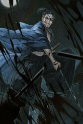  2boys abs battle bead_necklace beads black_pants blood blood_on_clothes blood_on_face blood_splatter blue_jacket broken broken_sword broken_weapon evil_smile eyepatch glowing glowing_eyes highres history jacket japanese_clothes jewelry jiao_mao katana looking_at_viewer majima_gorou male_focus manly moon moonlight multiple_boys necklace night night_sky okita_souji_(isshin) open_clothes open_jacket pants red_eyes ryuu_ga_gotoku ryuu_ga_gotoku_isshin samurai sky smile splatter sword weapon 