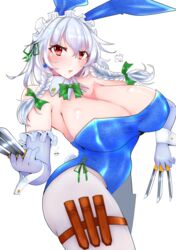  alternate_breast_size animal_ears between_fingers blush braid breasts cleavage commentary_request detached_collar earrings elbow_gloves fake_animal_ears female gloves green_ribbons grey_pantyhose hair_ribbon haru_(89_air) highres holding holding_knife holster huge_breasts izayoi_sakuya jewelry knife knife_sheath knives_between_fingers lips looking_at_viewer maid maid_headdress medium_hair mole mole_under_eye pantyhose playboy_bunny rabbit_ears rabbit_tail red_eyes ribbon sheath shiny_skin simple_background solo tail thick_thighs thigh_holster thighs touhou tress_ribbon twin_braids white_background wrist_cuffs 