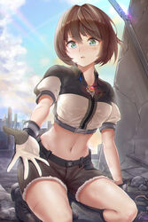  aqua_eyes black_footwear blue_sky boots breasts brown_hair cloud crop_top cutoffs day female gloves grey_shorts hair_between_eyes highres looking_at_viewer mcg6 midriff navel original outdoors parted_lips puffy_short_sleeves puffy_sleeves reaching reaching_towards_viewer seiza shirt short_hair short_sleeves shorts sitting sky small_breasts solo stomach thighs 