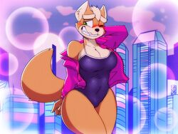  4:3 abstract_colors anthro awkward awkward_smile big_breasts black_nose blush breasts bubble bulge canid canine city city_background cleavage clothed clothing cloud curvy_figure dracojeff eyebrows female fluffy fluffy_tail fox fox_mccloud fur hair hand_behind_neck jacket mammal mohawk mtf_crossgender nervous nervous_smile nintendo one-piece_swimsuit one_eye_closed orange_body orange_fur rule_63 sharp_teeth small_waist solo star_fox swimwear tail tan_body tan_fur tan_hair teeth thick_eyebrows thick_thighs topwear voluptuous wide_hips wink 