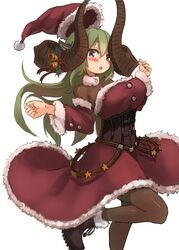  159cm :o animal_ears ankle_boots asymmetrical_horns belt blush bodystocking boots breasts brown_belt brown_footwear curled_horns detached_sleeves dot_nose dress female floating_hair fur-trimmed_headwear fur-trimmed_sleeves fur_trim glan_(159cm) green_hair grey_eyes hat heterochromia horn_bell horn_ornament horn_ribbon horns huge_horns large_breasts long_sleeves looking_at_viewer original parted_lips red_hat red_ribbon ribbon santa_costume santa_dress santa_hat simple_background solo standing standing_on_one_leg white_background yellow_eyes 