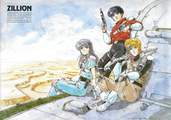  1980s_(style) 1987 2boys absurdres akai_koudan_zillion apple_(zillion) black_hair blonde_hair blue_hair cable carrying_over_shoulder champ_(zillion) copyright_name dated day desert energy_gun english_text female fingerless_gloves gloves gun handgun highres holding holding_gun holding_weapon j.j._(zillion) logo long_hair movic multiple_boys nippon_tv non-web_source official_art outdoors promotional_art retro_artstyle rifle scan scouter sega_light_phaser short_hair signature weapon 