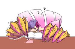  breast_rest breasts claws commentary_request fate/grand_order fate_(series) female hair_ribbon holding holding_pencil huge_breasts long_hair makishima_azusa o-ring o-ring_top passionlip_(fate) passionlip_(third_ascension)_(fate) pencil purple_eyes purple_hair ribbon simple_background solo trembling white_background writing 