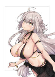  ahoge alternate_breast_size annoyed armlet armpit_crease bangle between_breasts bikini black_bikini blush border bracelet braid breasts chinese_commentary cleavage commentary_request cowboy_shot fate/grand_order fate_(series) female grey_hair hair_between_eyes huge_breasts jeanne_d&#039;arc_alter_(fate) jeanne_d&#039;arc_alter_(festival_outfit)_(fate) jewelry long_hair navel necklace o-ring o-ring_bikini o-ring_bottom official_alternate_costume outside_border sarong shiny_skin sideboob simple_background solo strap_gap swimsuit try_(lsc) twin_braids white_background yellow_eyes 