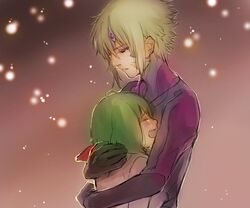  1boy blonde_hair bodysuit brera_sterne brother_and_sister comforting crying female green_hair hair_ornament hug kimidori_(kimidoriri) macross macross_frontier pilot_suit ranka_lee red_eyes sad science_fiction short_hair siblings skin_tight sobbing tears 