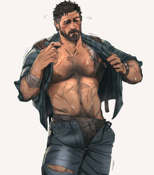  1boy bandaged_arm bandages bara bare_pectorals beard black_hair black_male_underwear blue_pants blue_shirt chest_hair chris_sdd facial_hair grey_hair hairy highres joel_(the_last_of_us) male_focus male_underwear male_underwear_peek mature_male multicolored_hair navel navel_hair nipples open_clothes open_pants open_shirt pants pectorals shirt short_hair simple_background solo the_last_of_us_(series) the_last_of_us_2 two-tone_hair underwear watch white_background wristwatch 