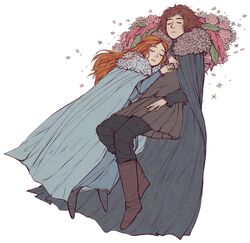  1boy a_song_of_ice_and_fire braid brother_and_sister brown_hair cape closed_eyes dress female flower game_of_thrones orange_hair robb_stark sansa_stark shie_(517151) short_hair siblings sleeping 