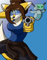  2017 anthro blue_eyes breasts brown_hair canid canine claire_o&#039;conell clothed clothing duo eyewear female fennec_fox fox fur glasses gun hair hi_res machine mammal multicolored_body multicolored_fur proto_(skidd) ranged_weapon robot thelordoflemonz true_fox uberquest weapon yellow_body yellow_fur 