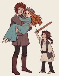  1boy 2girls a_song_of_ice_and_fire alternate_age arya_stark barefoot blue_eyes braid brother_and_sister brown_hair crown dress family game_of_thrones lolicon multiple_girls orange_hair ponytail robb_stark sansa_stark shie_(517151) short_hair siblings sisters smile toy_sword younger 