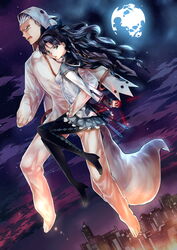  1boy absurdres akemi_homura akemi_homura_(cosplay) akemi_homura_(magical_girl) animal_costume archer_(fate) argyle_clothes argyle_legwear bad_id bad_pixiv_id black_hair black_pantyhose blue_eyes commentary_request cosplay dark-skinned_male dark_skin fate/stay_night fate_(series) female floating full_moon hair_ribbon hairband highres impossible_clothes impossible_shirt kyubey_(cosplay) kyuubee leung_ka_che long_hair long_legs magical_girl mahou_shoujo_madoka_magica mahou_shoujo_madoka_magica_(anime) moon pantyhose ribbon shirt tohsaka_rin two_side_up white_hair 